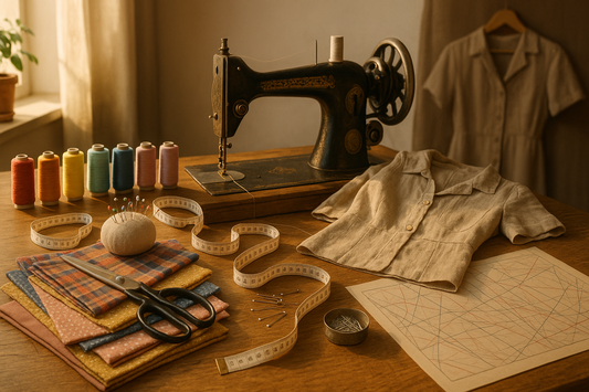 Vintage sewing machine with fabric, threads, scissors, and a handmade linen blouse on a wooden table