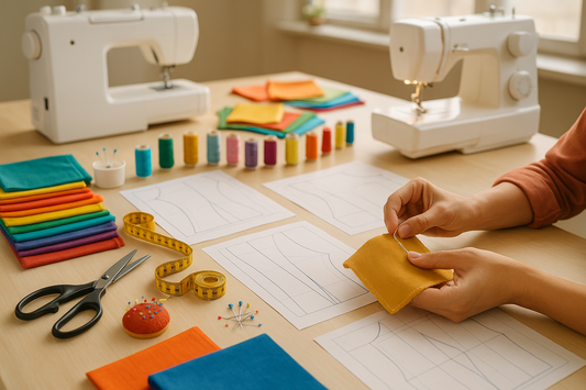 Colorful fabric and sewing supplies arranged on a workspace with sewing machines and pattern sheets